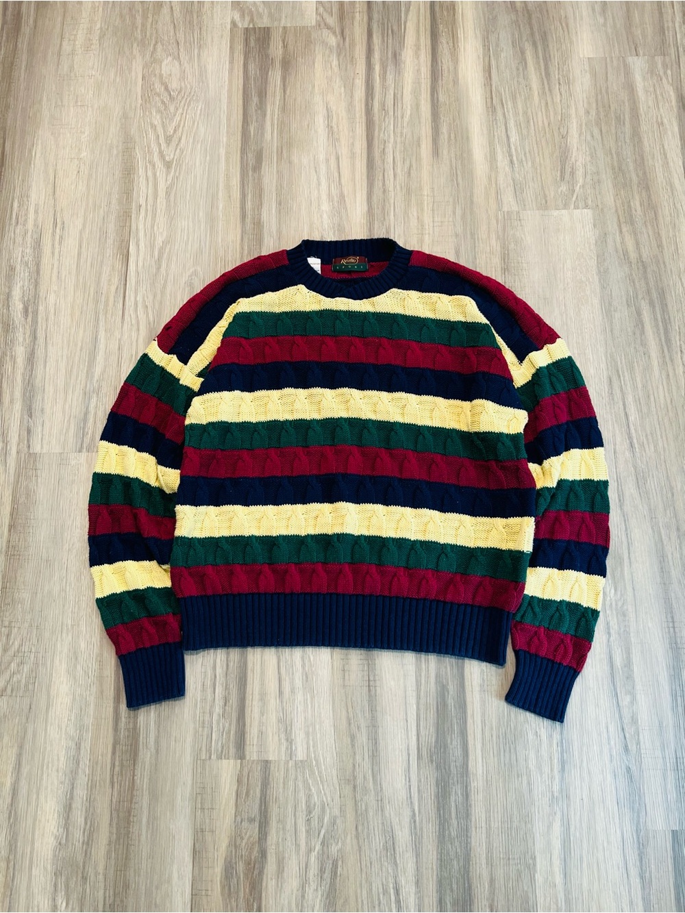 Vintage 90s Multi-Striped Colorful Classic Cable-Knit Sweater Made in USA - Picture 4 of 8